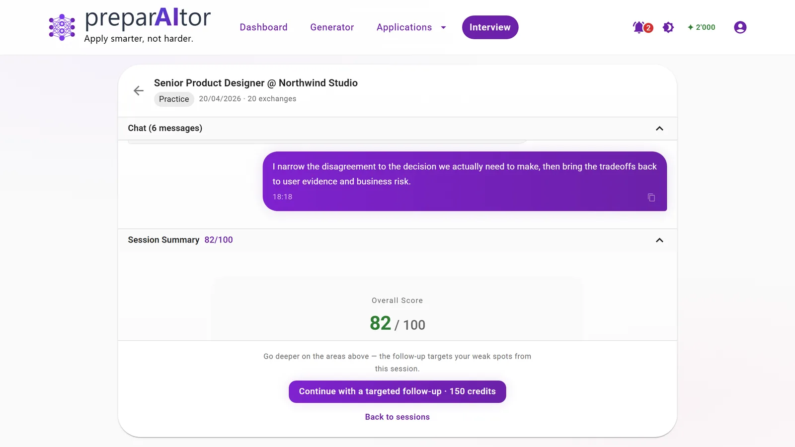 AI interview practice session with scored feedback and targeted follow-up option