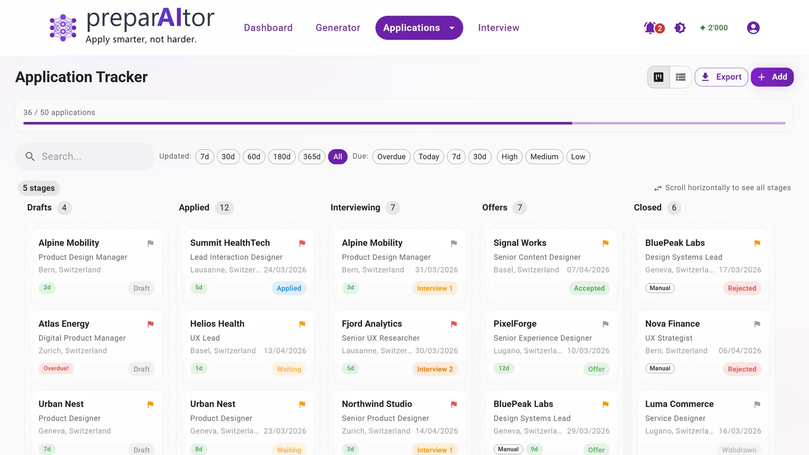 Application tracker board with an application detail drawer open