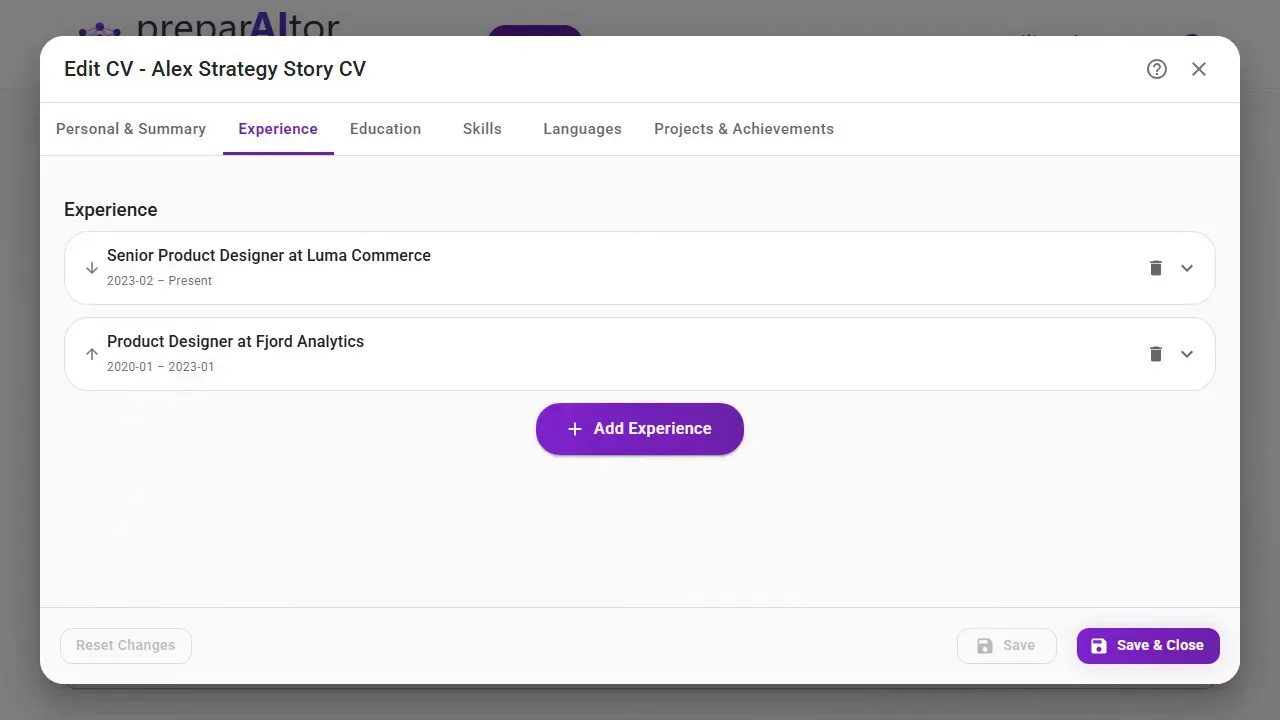 Vollwertiger CV Maker